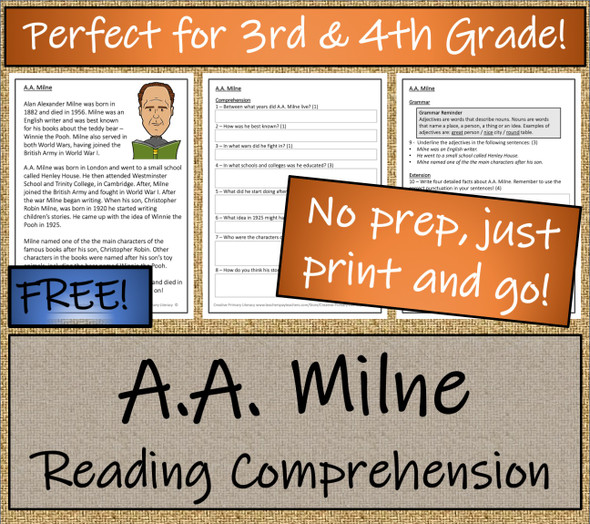 A.A. Milne Close Reading Activity 3rd Grade & 4th Grade