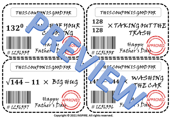 FREE Father's Day Math Coupons Book Gifts Vouchers Printable