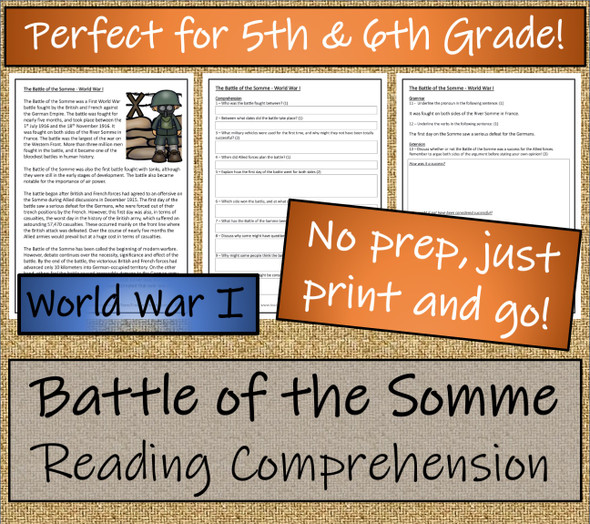 Battle of the Somme in World War I Close Reading Activity 5th Grade & 6th Grade
