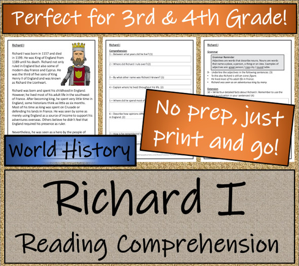 King Richard I Close Reading Activity | 3rd Grade & 4th Grade