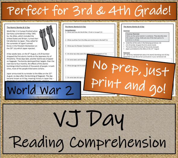 Atomic Bombs & VJ Day Close Reading Activity | 3rd Grade & 4th Grade