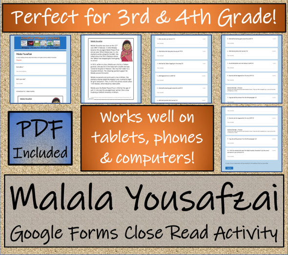 Malala Yousafzai Close Reading Activity Digital & Print | 3rd Grade & 4th Grade