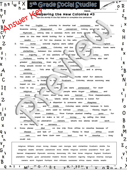 Comparing the New Colonies Cloze/Fill In Blank#3~Social Studies Weekly~NO PREP