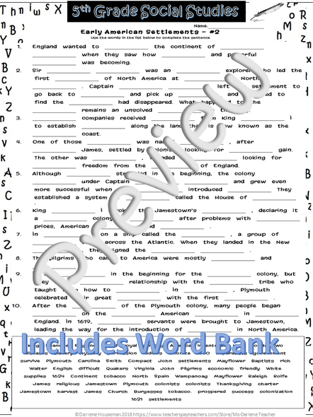 Early American Settlements Cloze/Fill In Blank #2~Social Studies Weekly~NO PREP