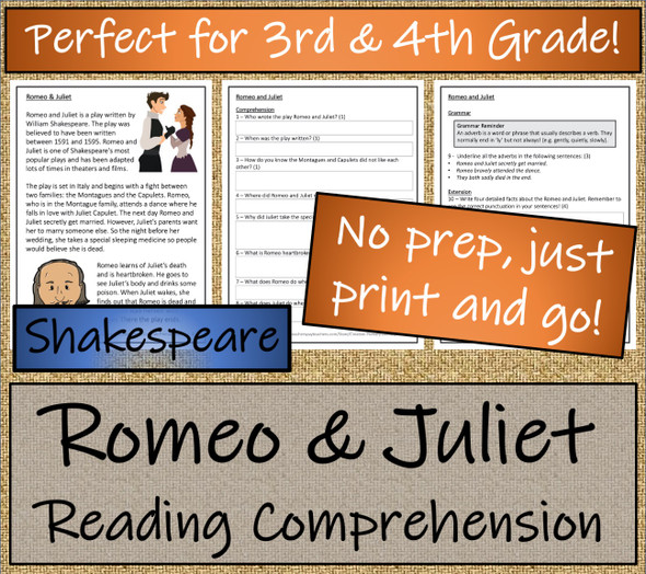 Romeo and Juliet Close Reading Activity 3rd Grade & 4th Grade