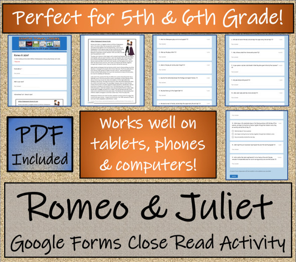 Romeo and Juliet Close Reading Activity Digital & Print | 5th Grade & 6th Grade