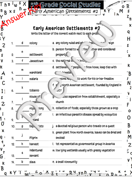 Early American Settlements~Match'Em Vocab #2~Social Studies Weekly~NO PREP