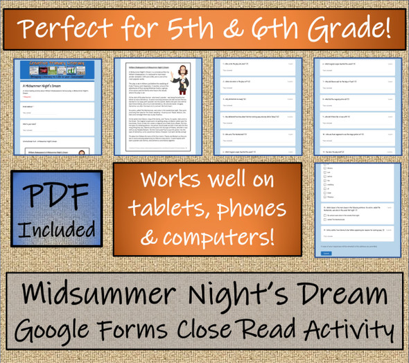 Midsummer Night's Dream Close Reading Activity Digital & Print | 5th & 6th Grade