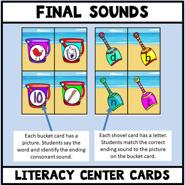 Ending Sounds Matching Literacy Center Beach Theme 