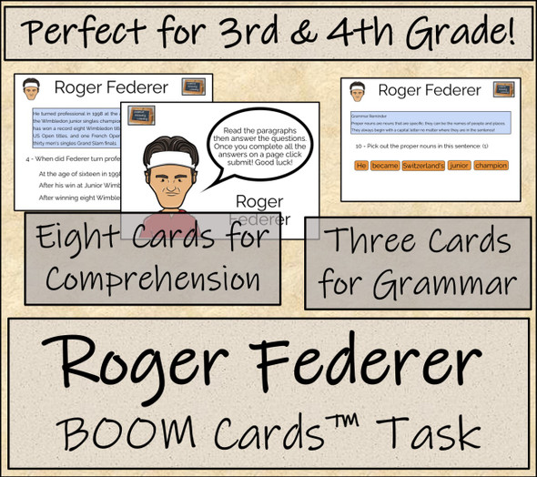 Roger Federer BOOM Cards™ Comprehension Activity 3rd Grade & 4th Grade