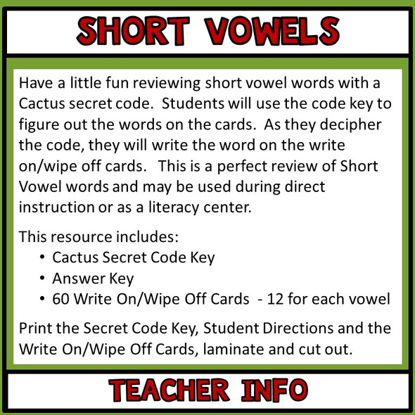 Short Vowel Words, Secret Code  Literacy Center