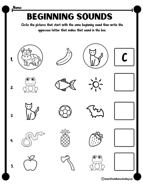 Kindergarten Beginning Sound Worksheet