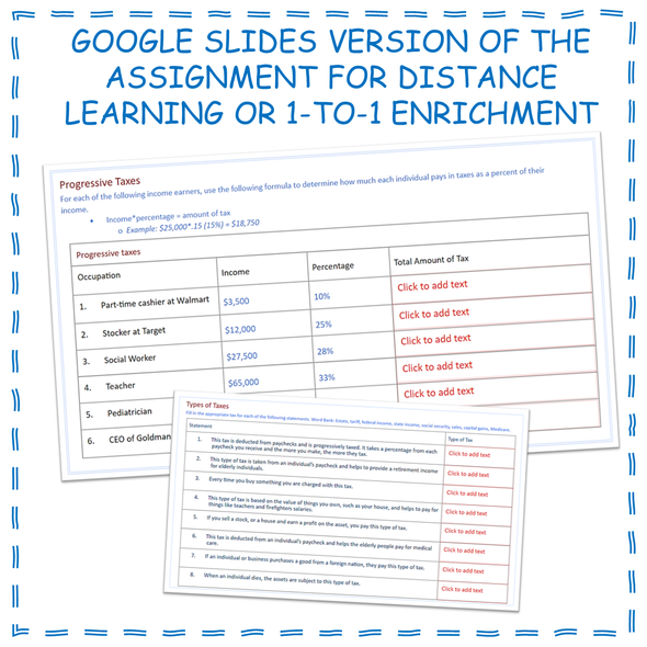 Taxes and Tax Structures Economics Government Worksheet Distance Learning