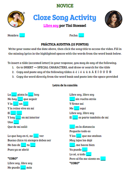 LyricsTraining & Cloze Song Activities - Libre soy (Let It Go)