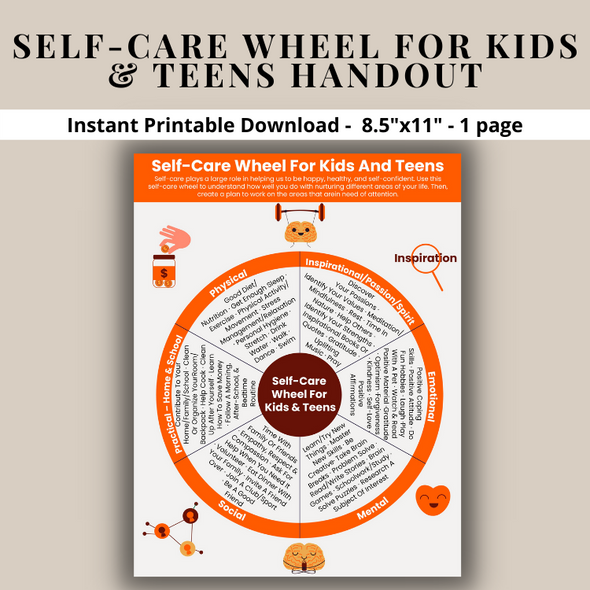 Self-Care Wheel For Kids & Teens Printable Poster-Mental Health-Stress-Trauma-Depression-Anxiety