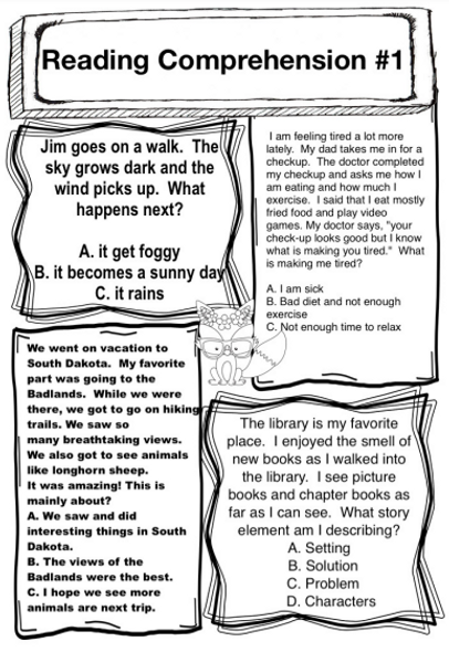 One month of reading comprehension that includes: story elements(problem, solution, setting, characters), predicting, critical thinking, inferences, and main idea. A total of 20 lessons are included and is perfect for back to school. Each day has four different comprehension strategies and short passages to keep students engaged!