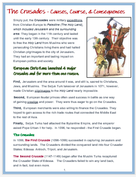 THE CRUSADES: Causes, Course, Consequences + DBQ Assessments