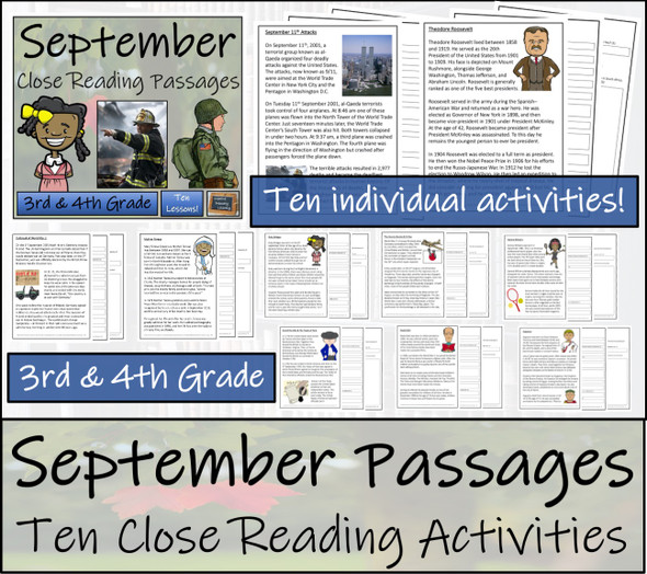 September Close Reading Comprehension Passages | 3rd Grade & 4th Grade