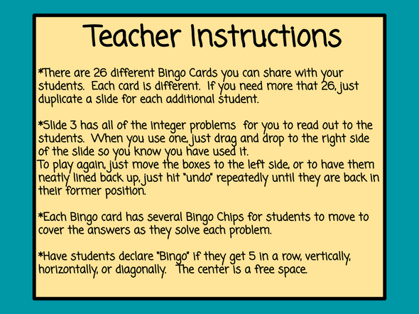 Integer Bingo- Addition and Subtraction - Digital