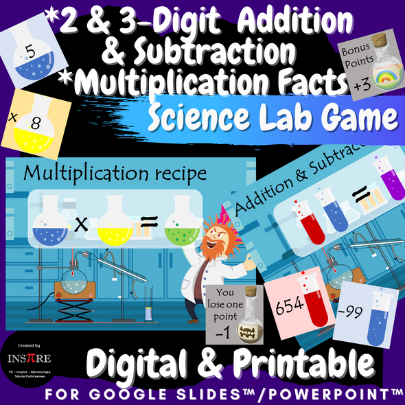 Multiplication Facts, 2 & 3 digit Addition & Subtraction Science Lab Math Game