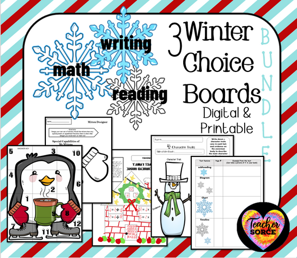 Winter Choice Boards-Math, Reading and Writing Digital and Printable
