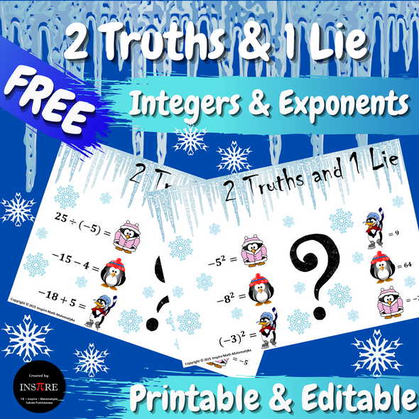 FREE Winter Math 2 Truths & a Lie Integers & Exponents | Error Analysis EDITABLE