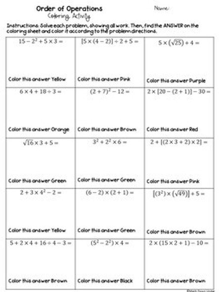 Order of Operations Coloring Activity(exponents, radicals, parenthesis, and bracket)