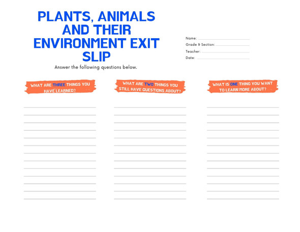 Plants, Animals, and Their Environment Exit Slip