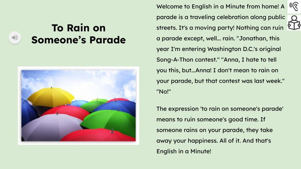 To Rain on Someone's Parade Figurative Language Reading Passage and Activities