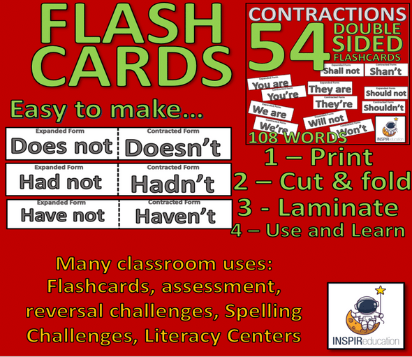 ELA CONTRACTIONS: 54 Double Sided Flashcards, Expanded and Contracted form