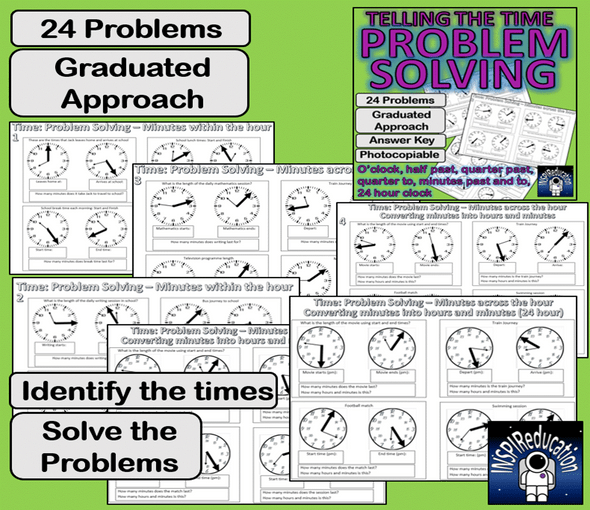 MATH TIME: 24 Hour Problem Solving (Duration) Answer Key, Clock faces, 24 hour