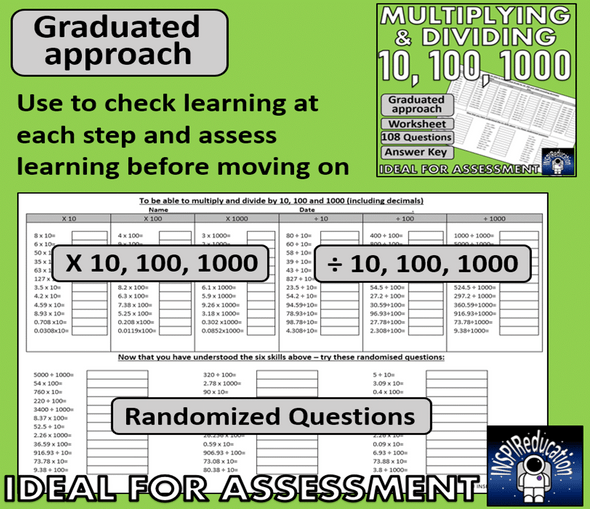 MATH Place Value, Multiplying and Dividing by 10, 100 and 1000 - 108 questions and key