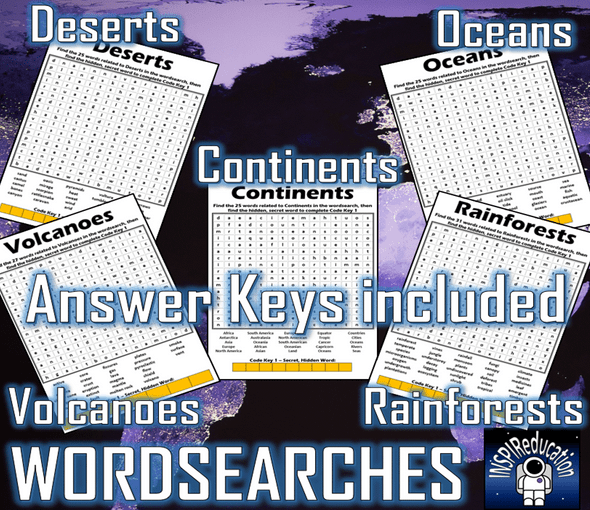 Geography Word Searches: Themes, Answer Keys, Print and Go
