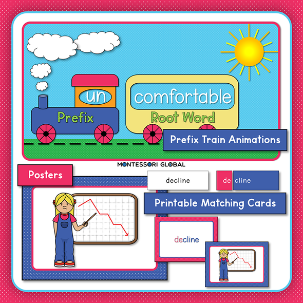 Introduce the prefixes de, dis, il, im, ir, in, mis, and un with these PowerPoint Presentations. Follow up with Boom Cards and printable Montessori matching cards and Posters. Includes prefix train animations to develop understanding of the function of prefixes.

Included:

PowerPoint Presentations
Matching Cards
Posters
Boom Card Links – This link page is in the card material PDF document
Prefix Train animations.