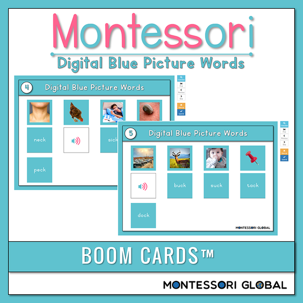 Practice reading words with a final "ck" with these Montessori Blue Picture Word Card Boom Cards™ for distance learning and home schools.