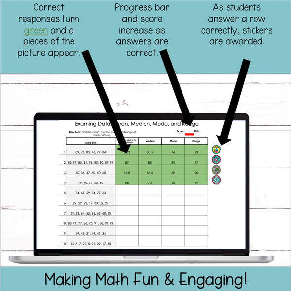 Mean, Median, Mode, and Range Digital Self-Checking Math Activity