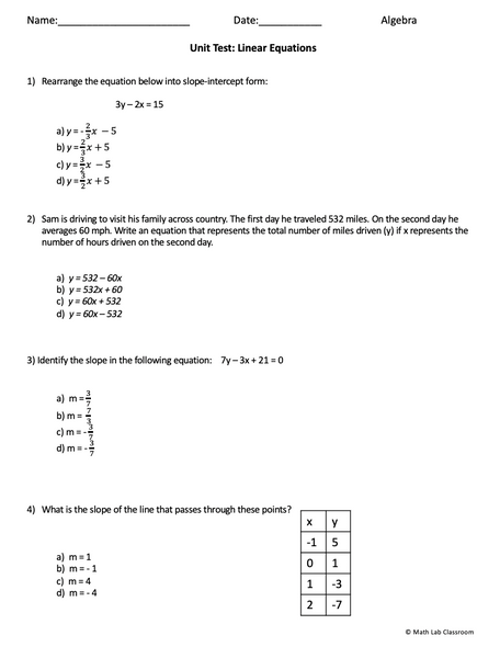 linear equations unit test, linear functions assessment, slope assessment