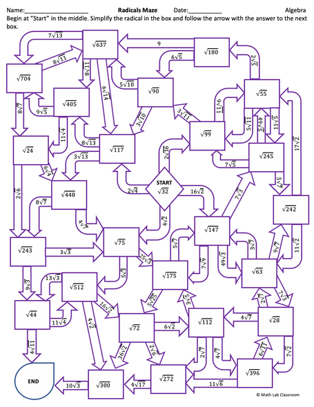 Simplifying radicals maze activity