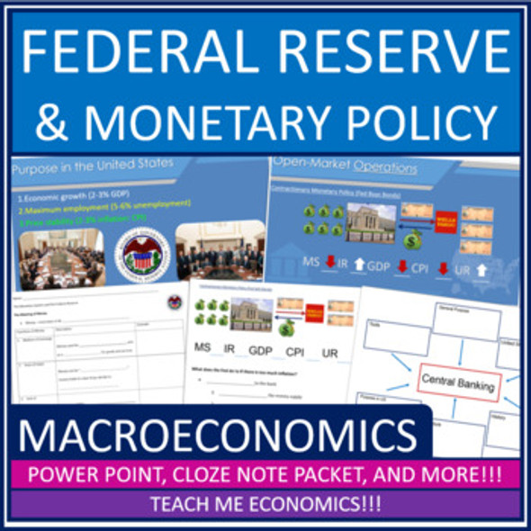 Federal Reserve PowerPoint, Cloze Notes, Webquest, Tests, Economics, Worksheets