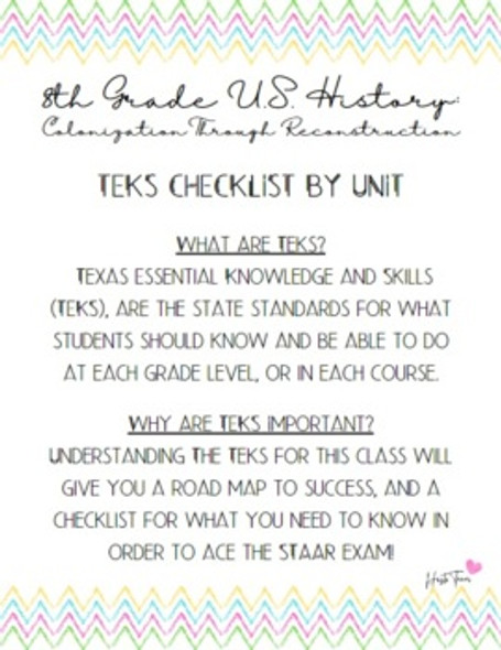 US History 8th Grade TEKS Checklists and Signs