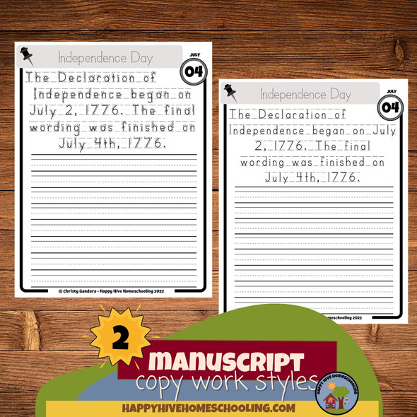 July Copywork Printables - Manuscript