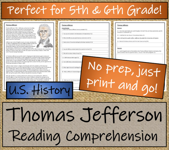 Thomas Jefferson Close Reading Activity | 5th Grade & 6th Grade