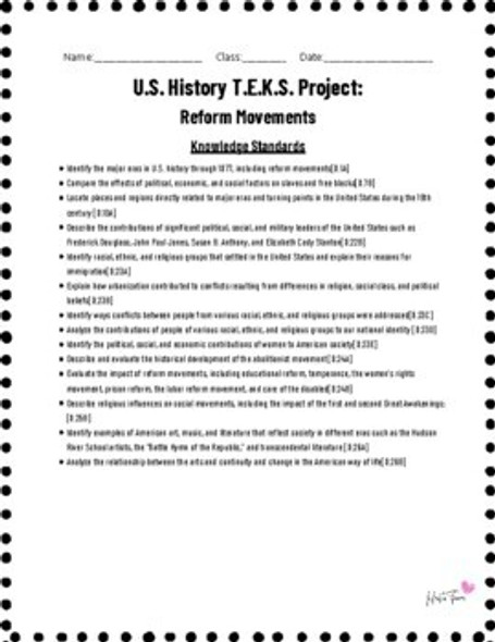 8th Grade American History TEKS Project: Reform Movements