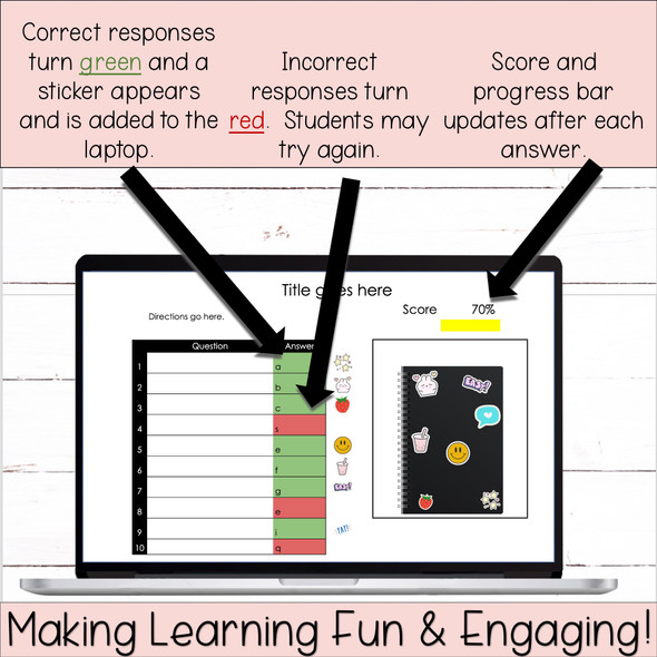 10 Question Self-Grading Self-Checking Notebook Sticker Progression Template for Google Sheets