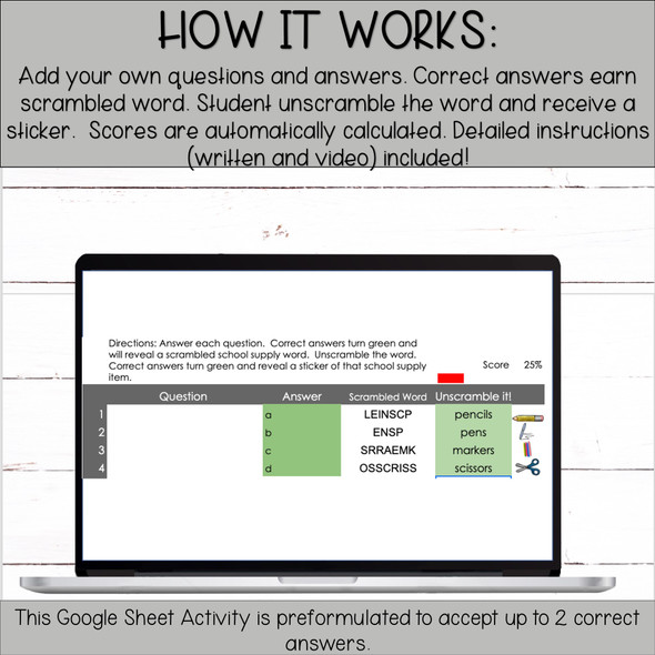 Template for Google Sheets - 12 Question Digital Activity - Self-Grading Unscramble It