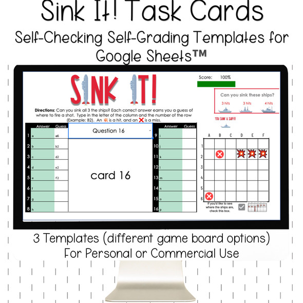 Editable Game Template for Google Sheets - Digital Activity - Self-Checking Sink It - 16 Question Task Cards