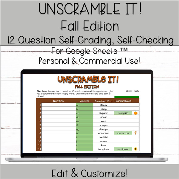 Editable Template for Google Sheets- 12 Question Digital Activity - Self-Grading - Unscramble It! Fall Edition