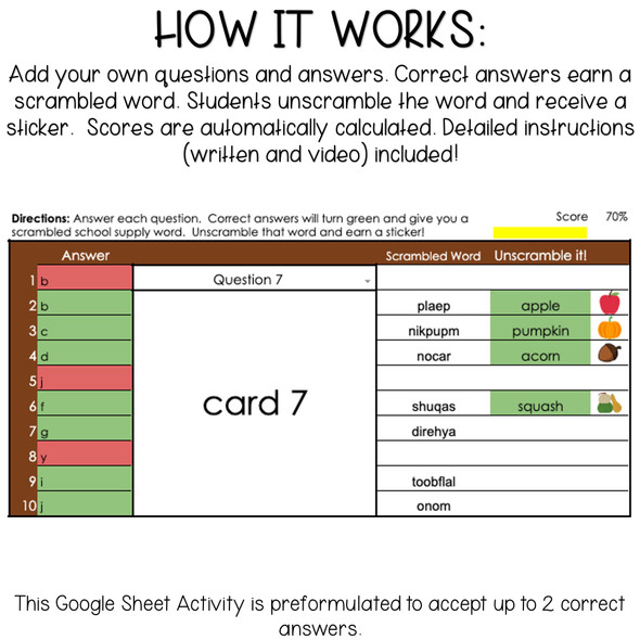Template for Google Sheets - 10 Question Digital Activity - Self-Grading - Fall