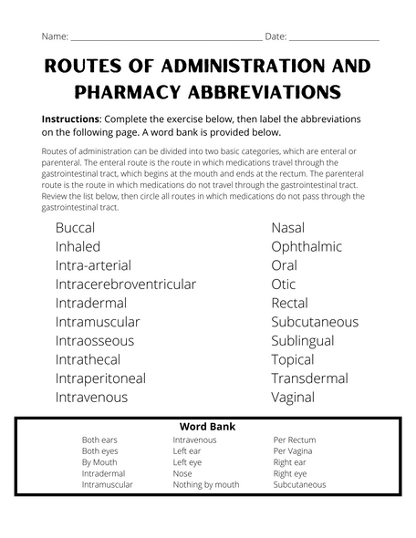 Routes of Administration and Abbreviations Worksheet