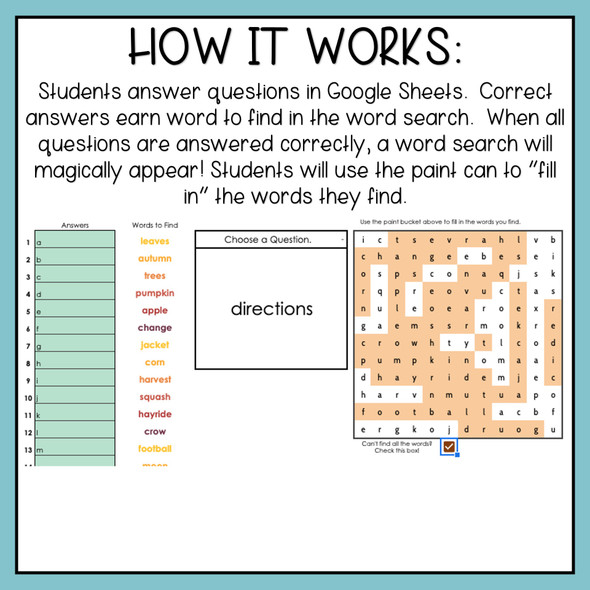 Self-Grading Self-Checking Word Search Template for Google Sheets - Fall - 16 Task Card Questions